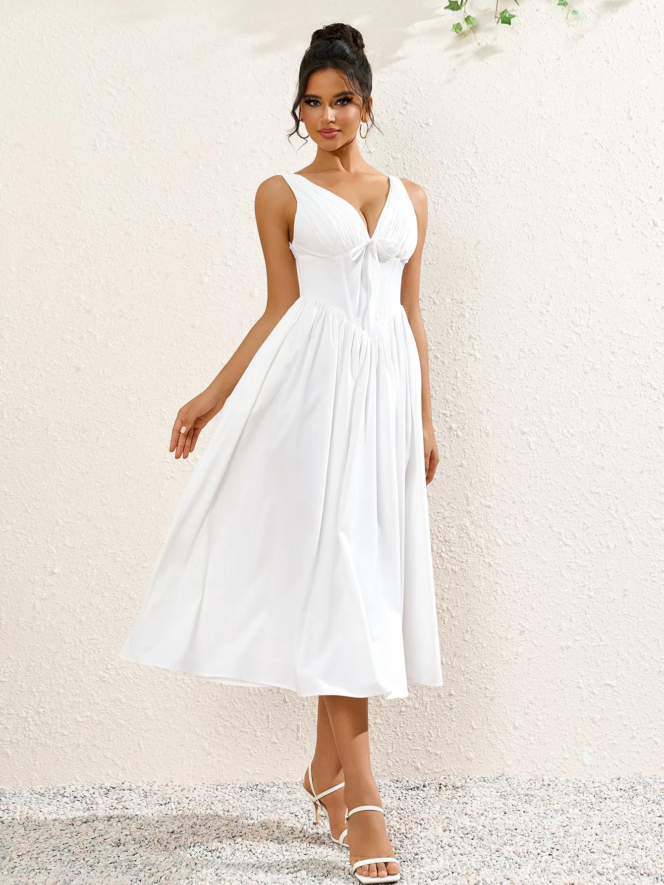 Deep V-Neck Bow Tie Ruched Corset Dress