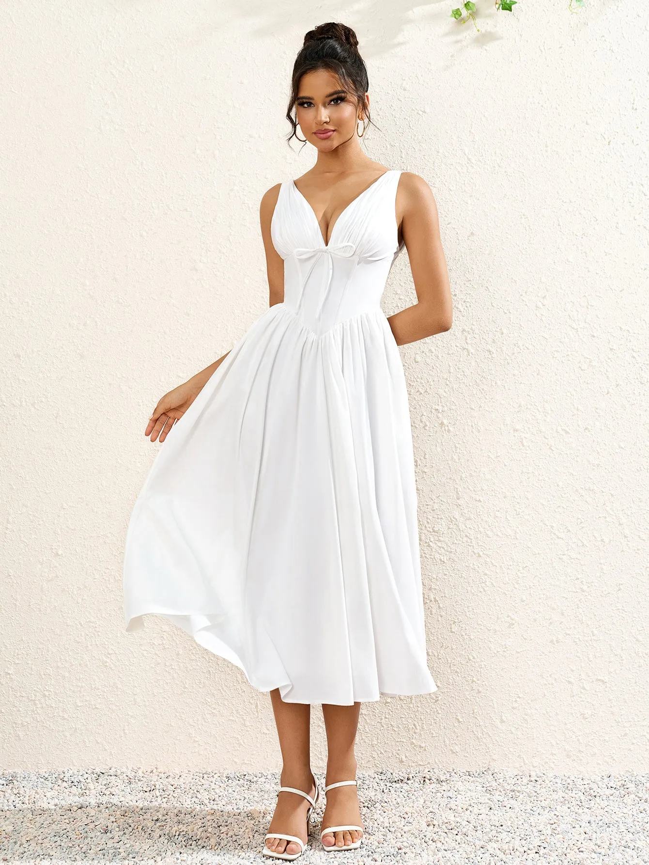 Deep V-Neck Bow Tie Ruched Corset Dress