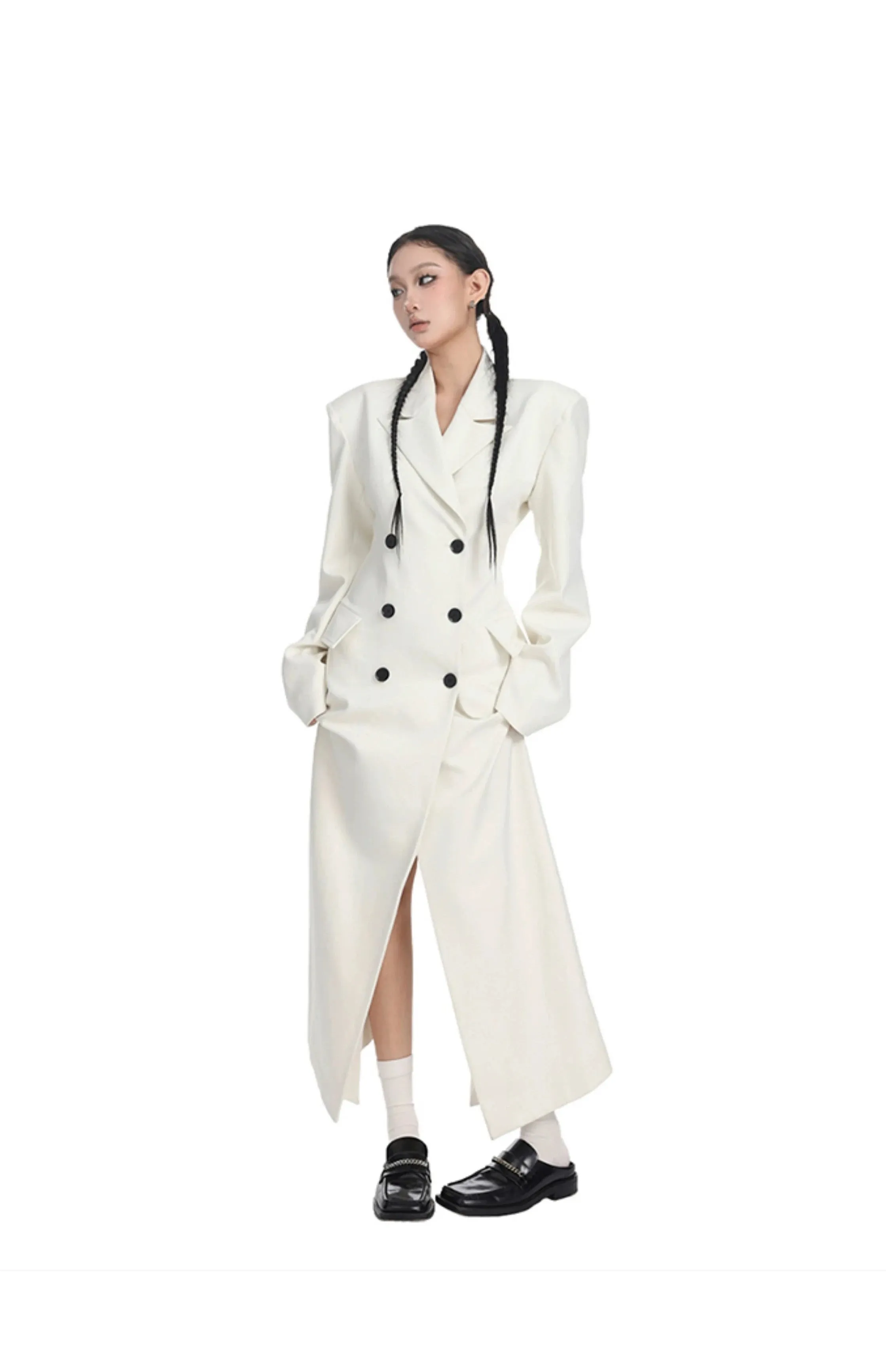 Double-Breasted Longline Trench Coat with Split Hem