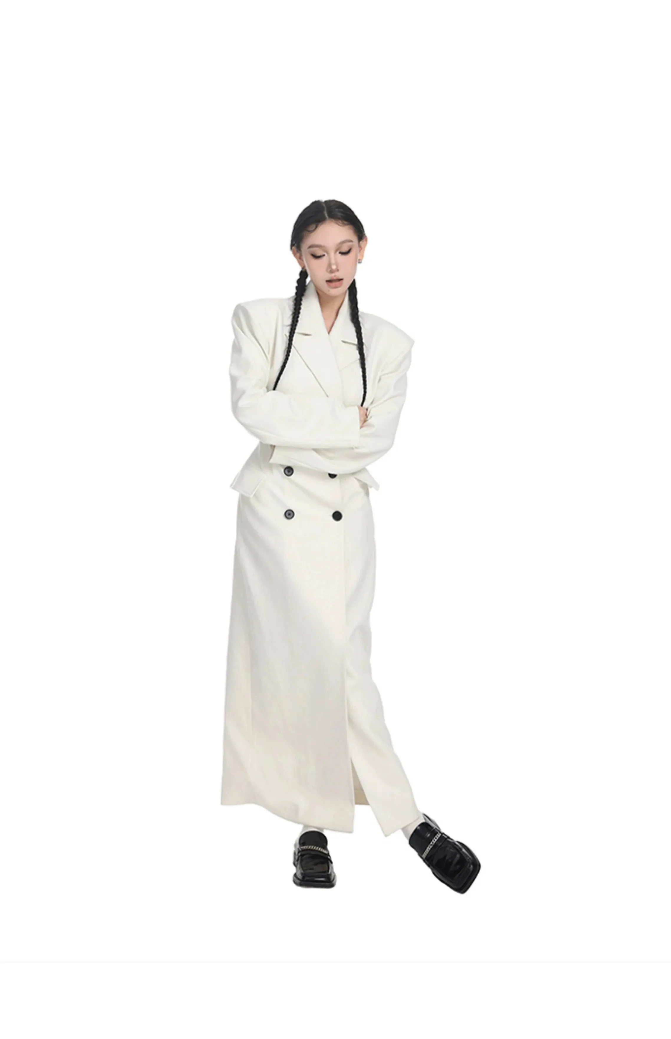 Double-Breasted Longline Trench Coat with Split Hem