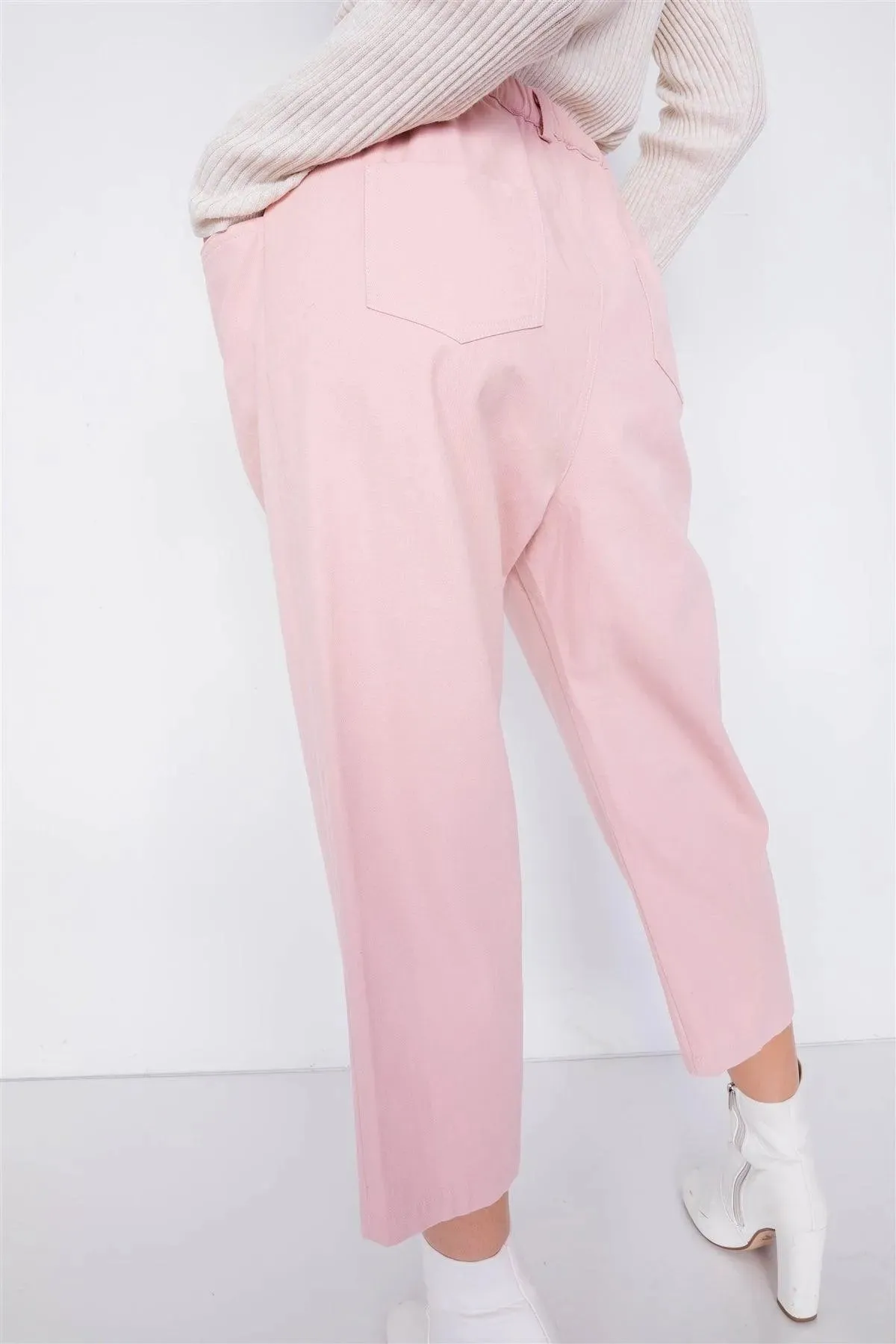 Dust Rose Chic Solid Ankle Wide Leg Adjustable Snap Waist Pants /2-1