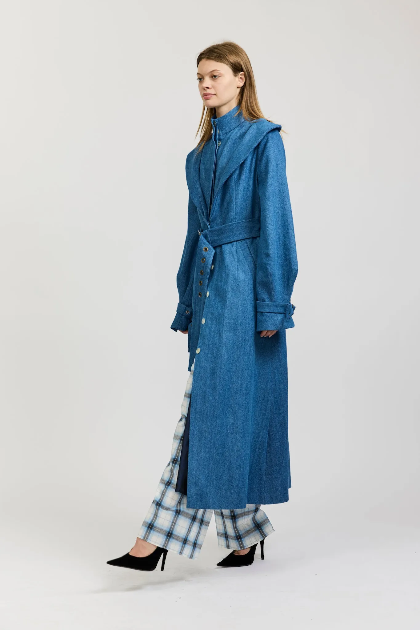 Elliot Trench Coat in Medium Blue Denim