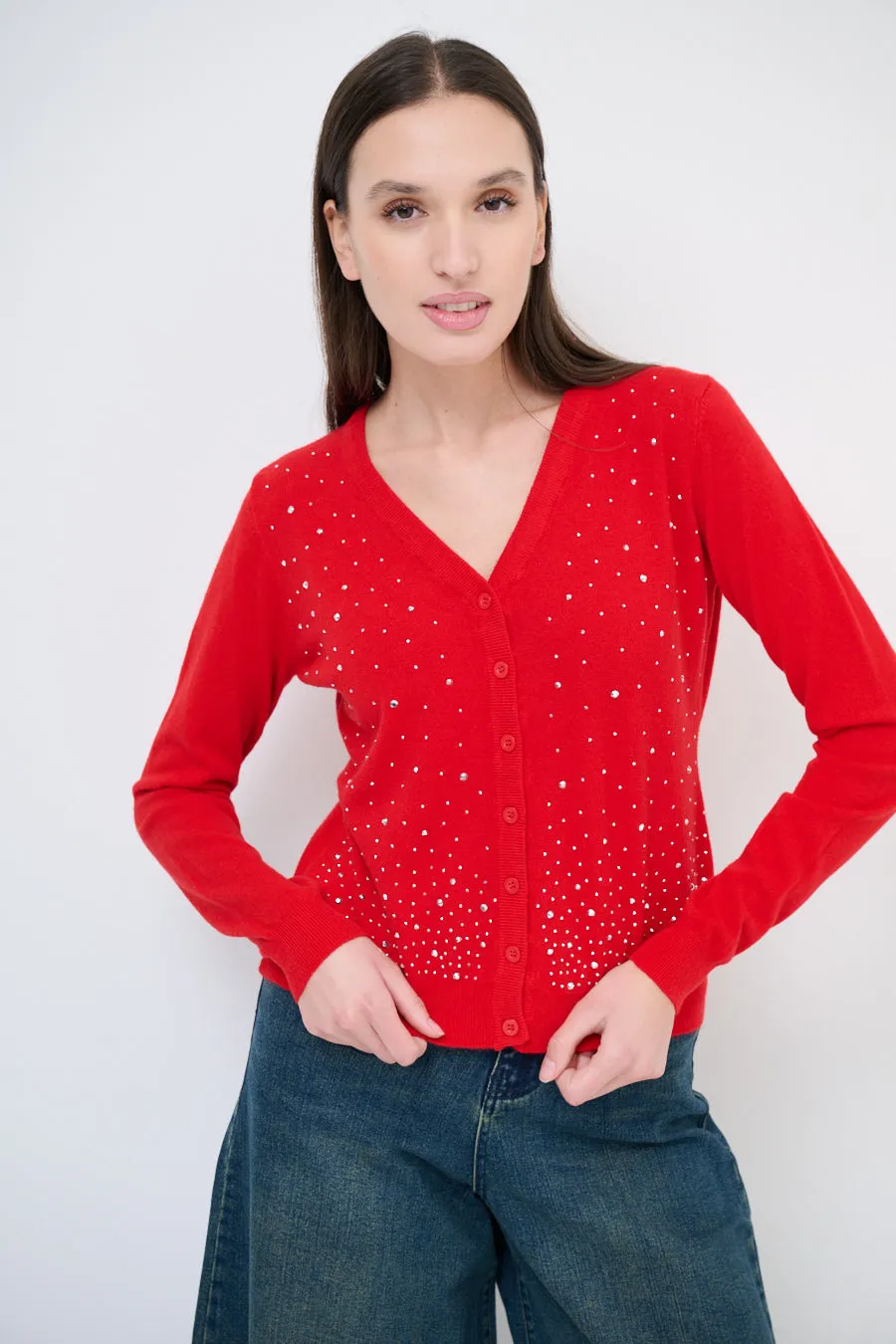 Embellished v-neck button-up cardigan wholesale