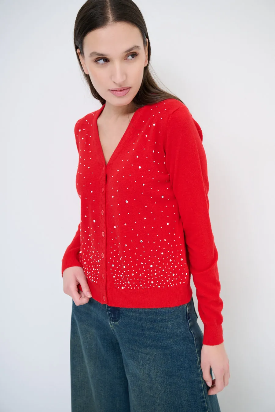 Embellished v-neck button-up cardigan wholesale