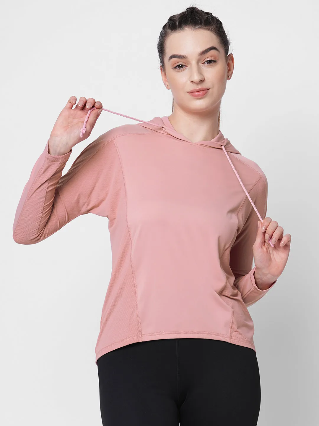 Fitkin women pink long sleeve hoodie top with side mesh panel