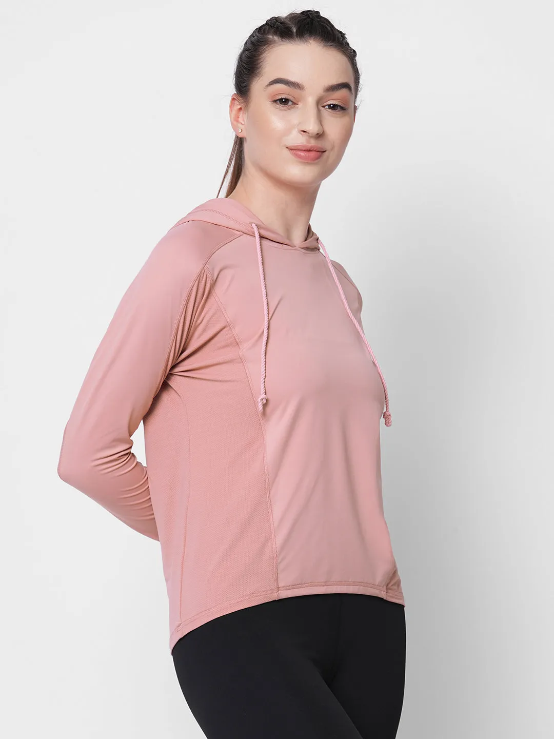 Fitkin women pink long sleeve hoodie top with side mesh panel