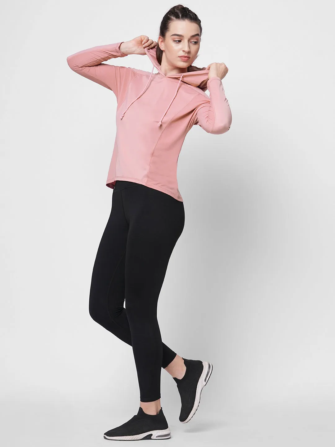 Fitkin women pink long sleeve hoodie top with side mesh panel