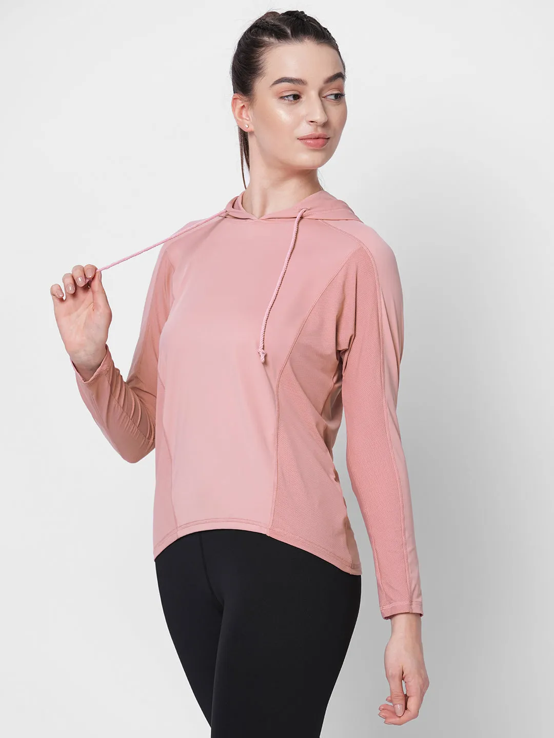 Fitkin women pink long sleeve hoodie top with side mesh panel