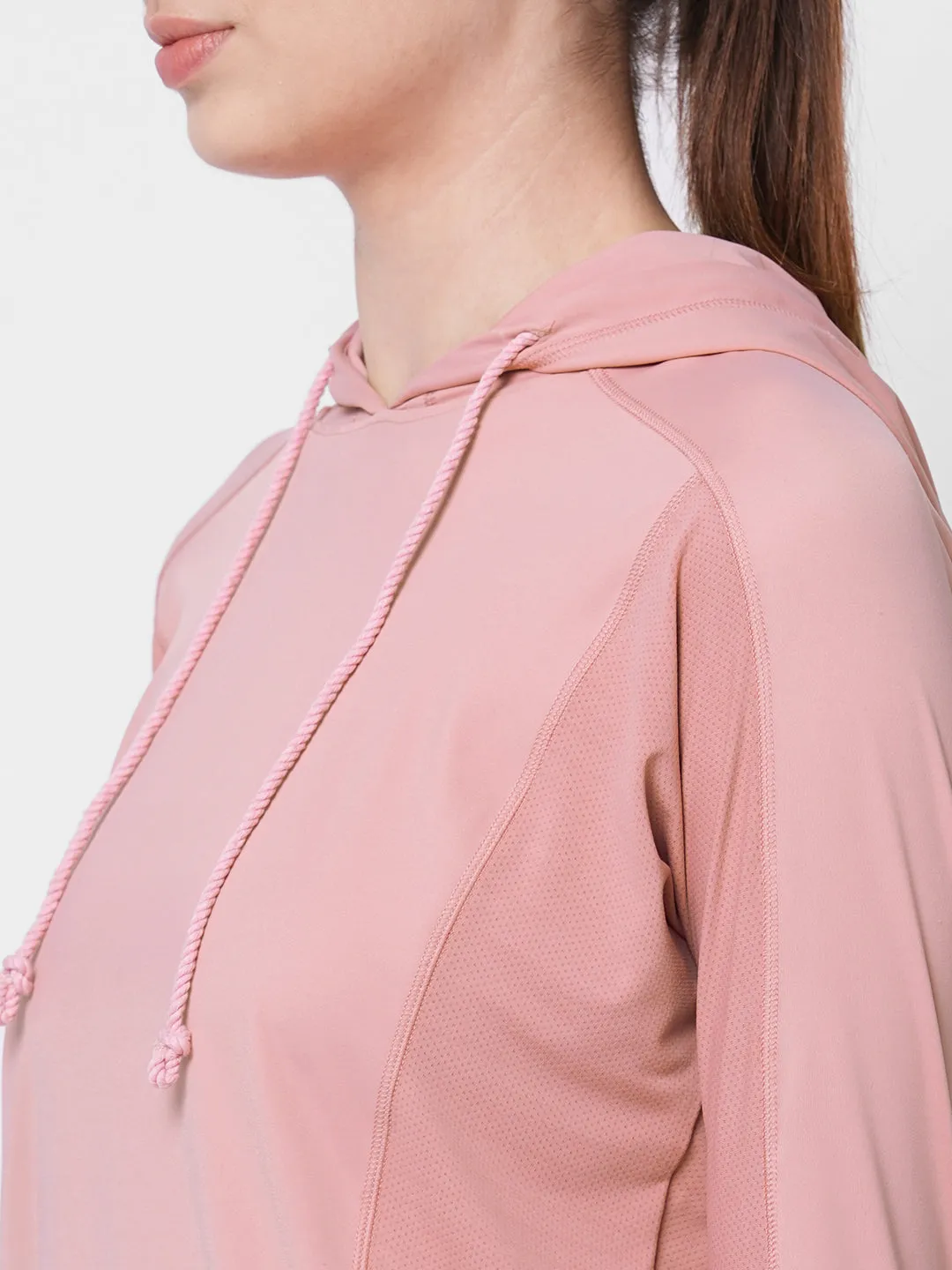 Fitkin women pink long sleeve hoodie top with side mesh panel