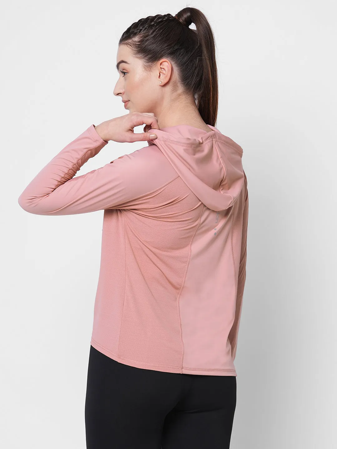 Fitkin women pink long sleeve hoodie top with side mesh panel