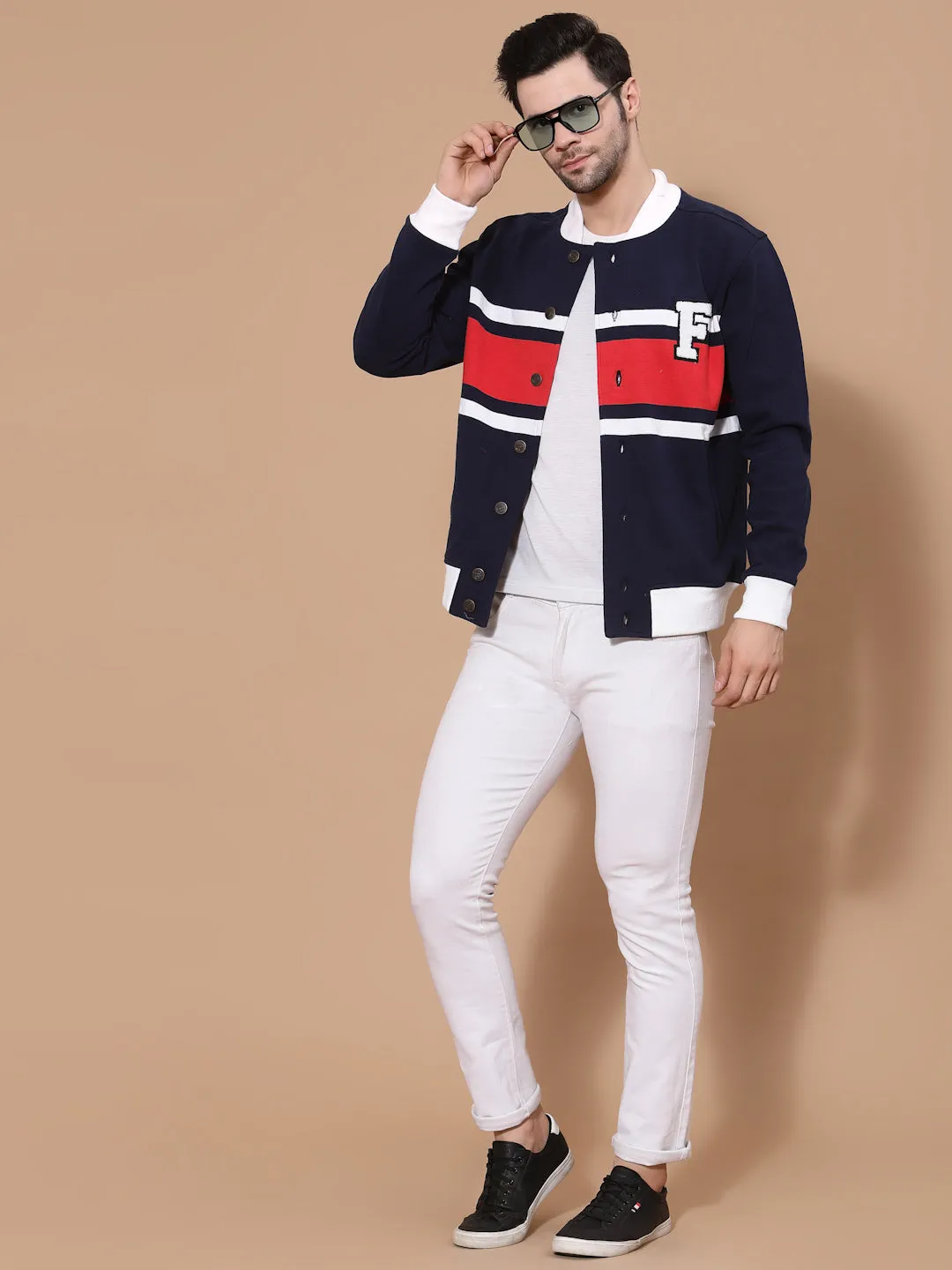 Flawless Men Colourblocked Cotton Bomber with Patchwork Jacket