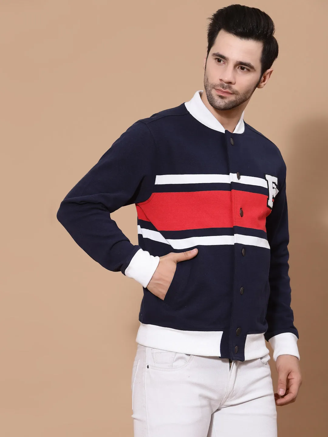 Flawless Men Colourblocked Cotton Bomber with Patchwork Jacket