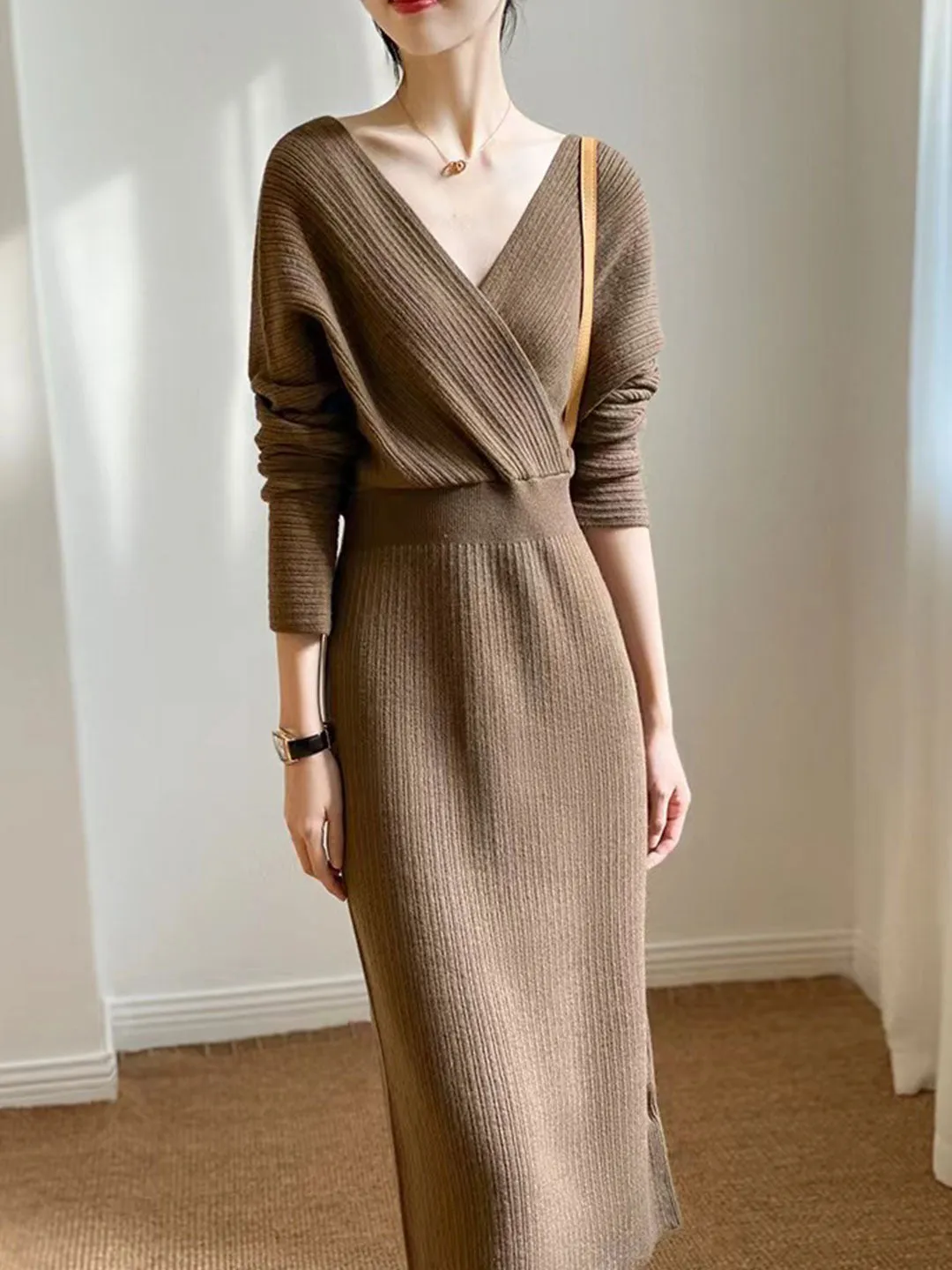 Grace Vintage V-neck Knitted Sweater Dress-Beige