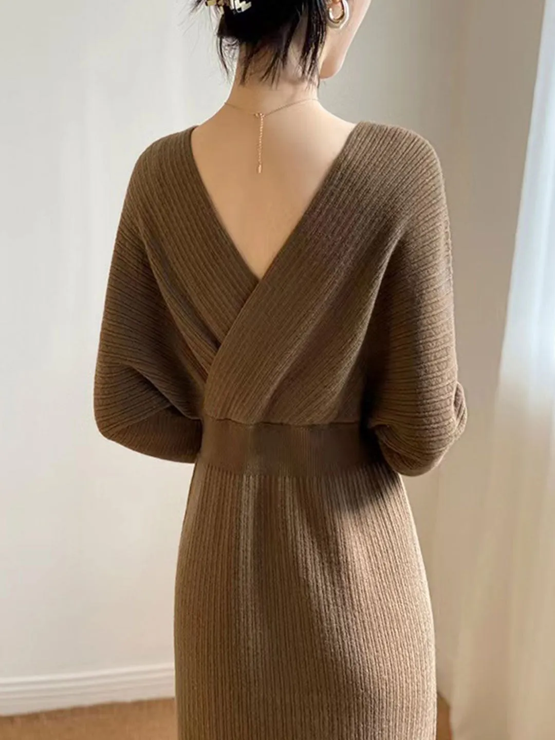 Grace Vintage V-neck Knitted Sweater Dress-Beige