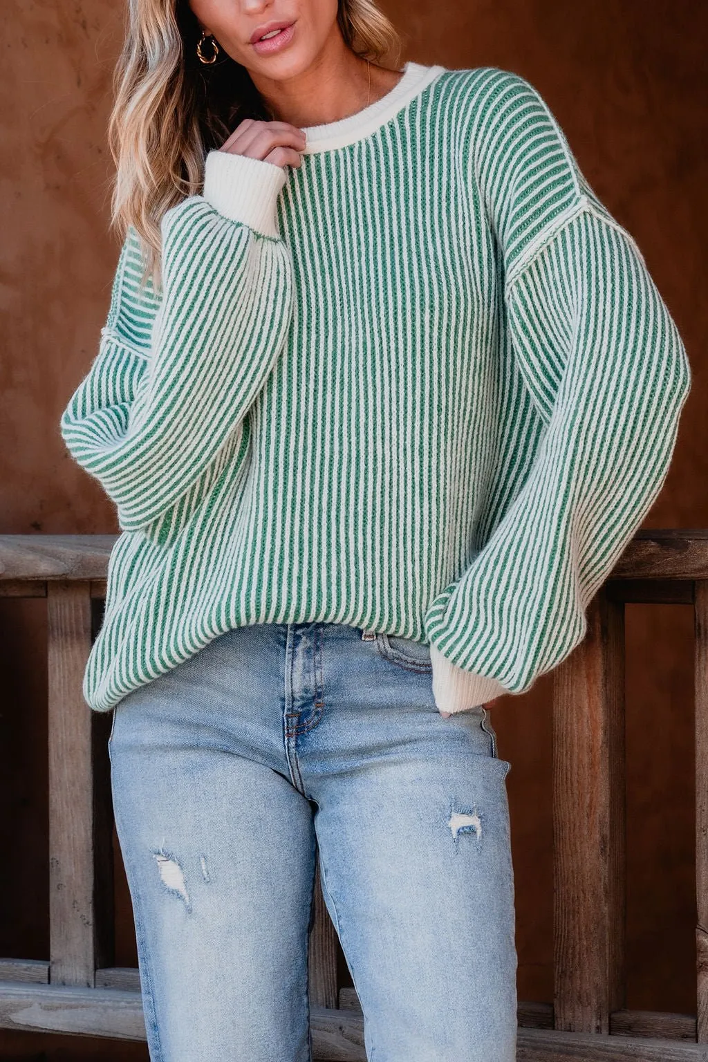 Green Striped Seam Detail Sweater