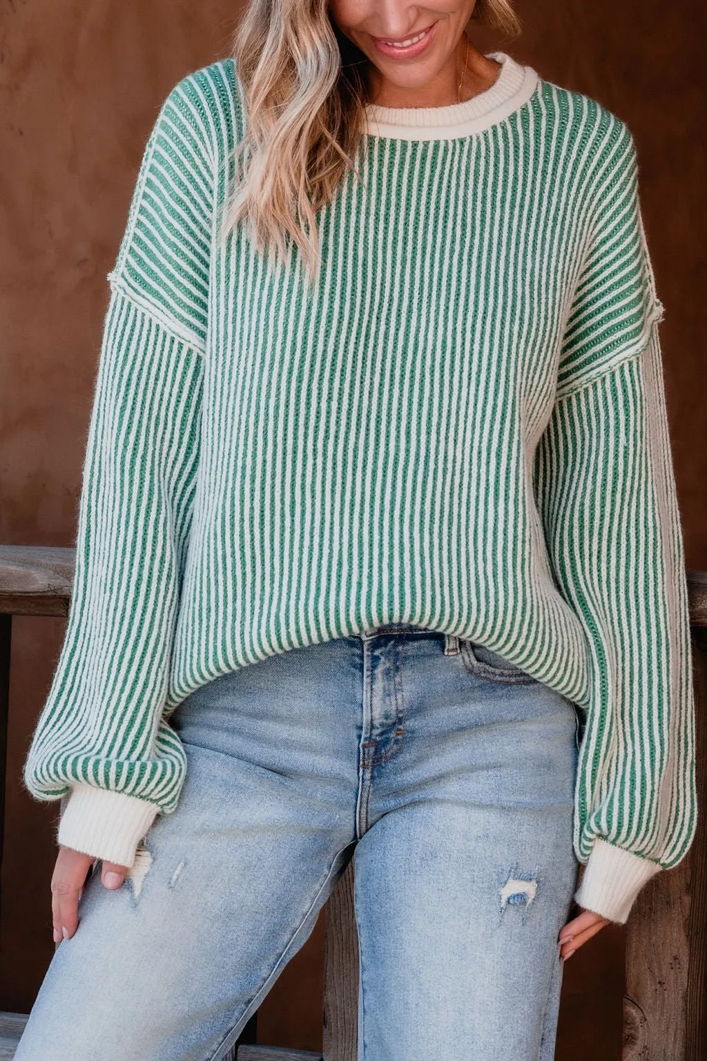 Green Striped Seam Detail Sweater