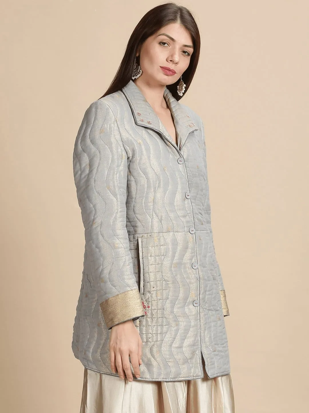 Grey Banarsi Zari Quilted Jacket