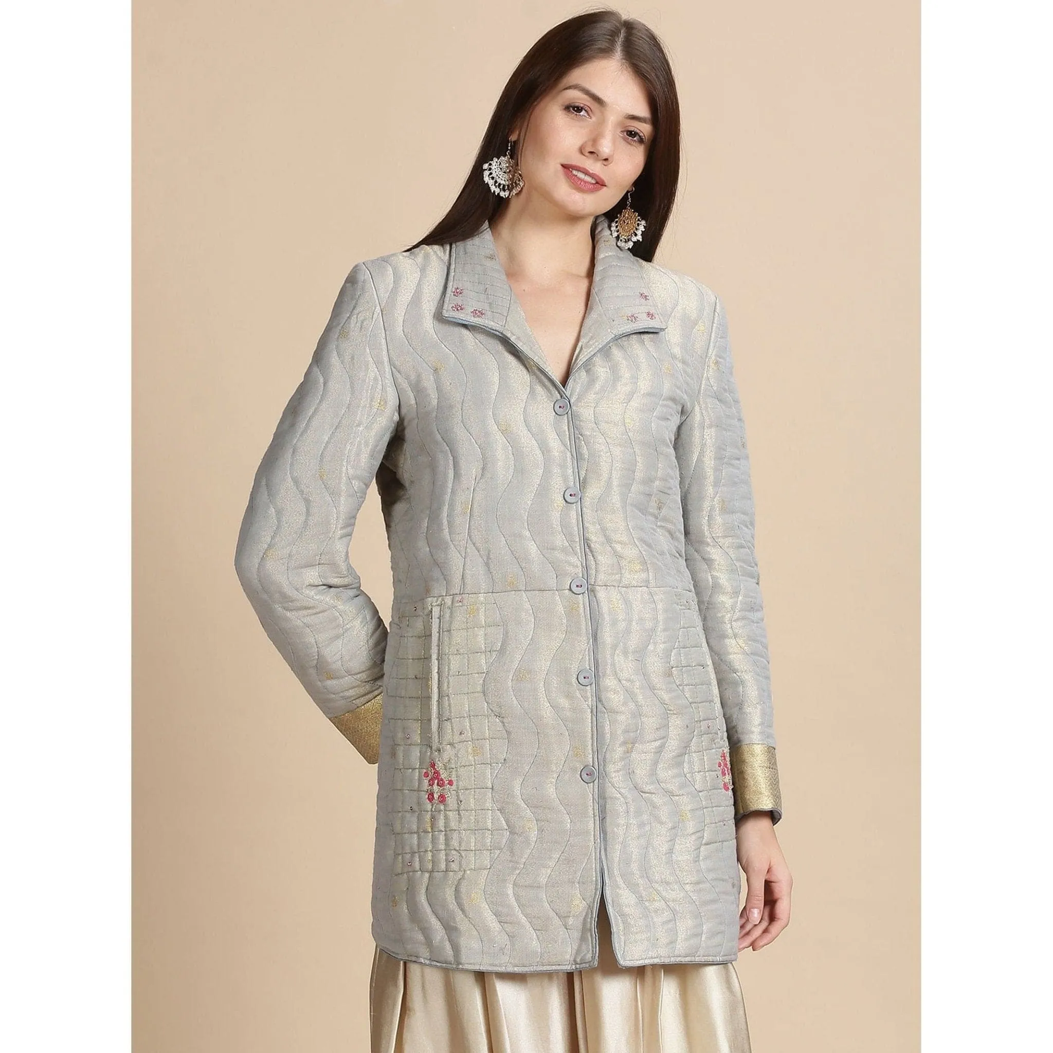 Grey Banarsi Zari Quilted Jacket