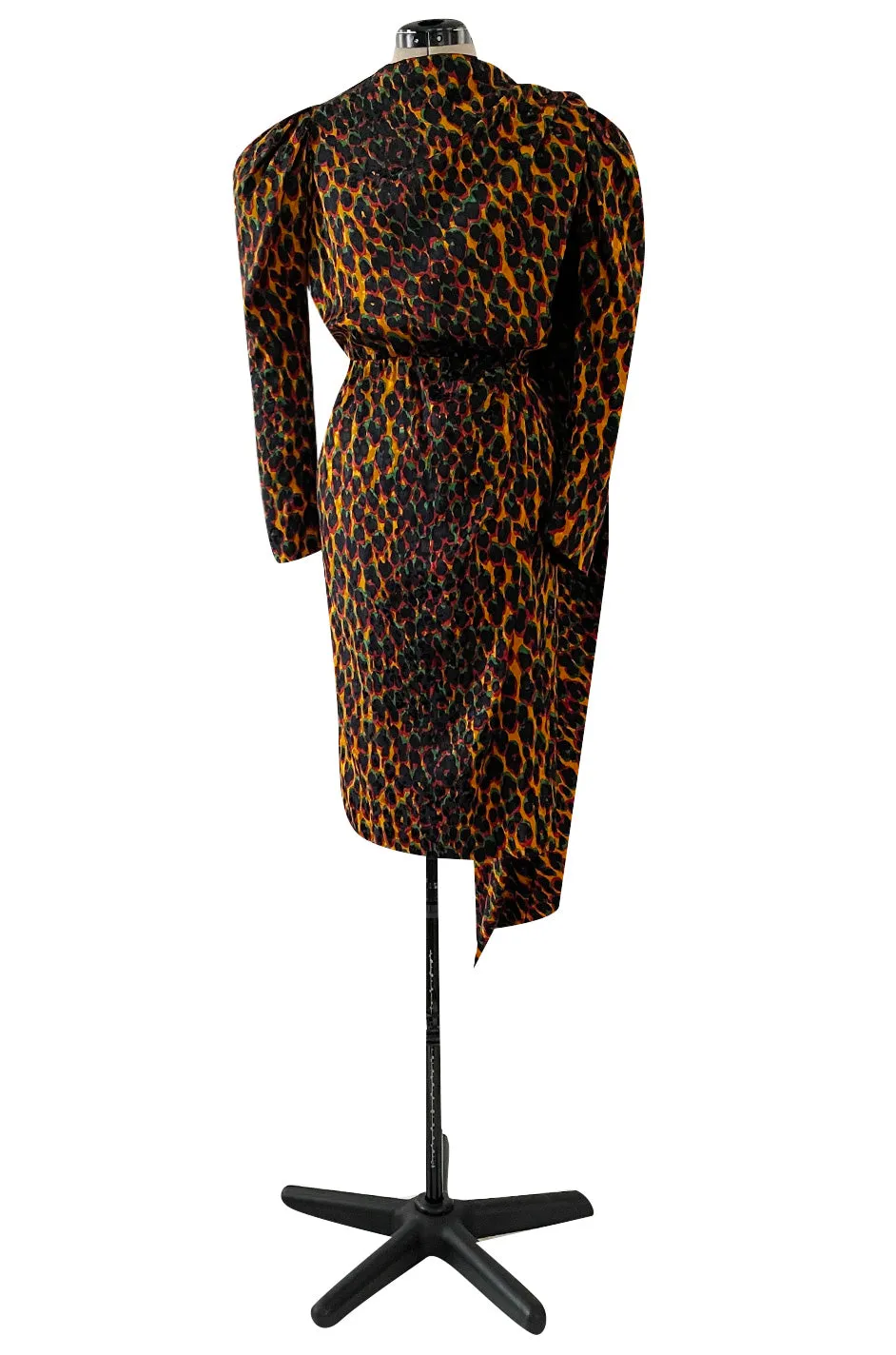 Iconic Fall 1982 Ady Couture Lausanne for Yves Saint Laurent Silk Leopard Print Dress w Draped Panel