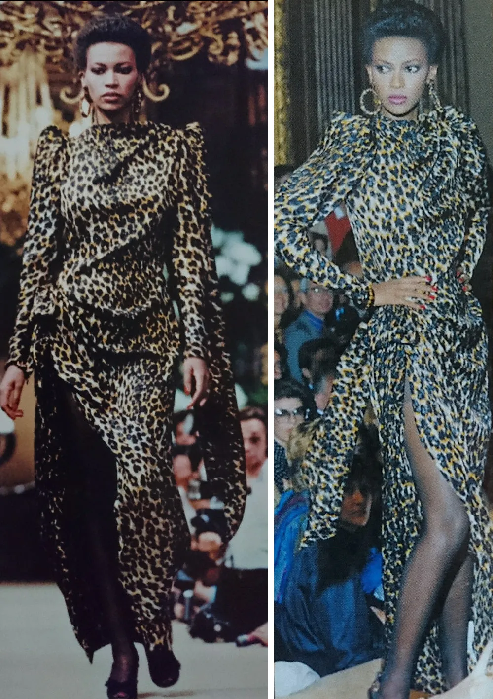 Iconic Fall 1982 Ady Couture Lausanne for Yves Saint Laurent Silk Leopard Print Dress w Draped Panel