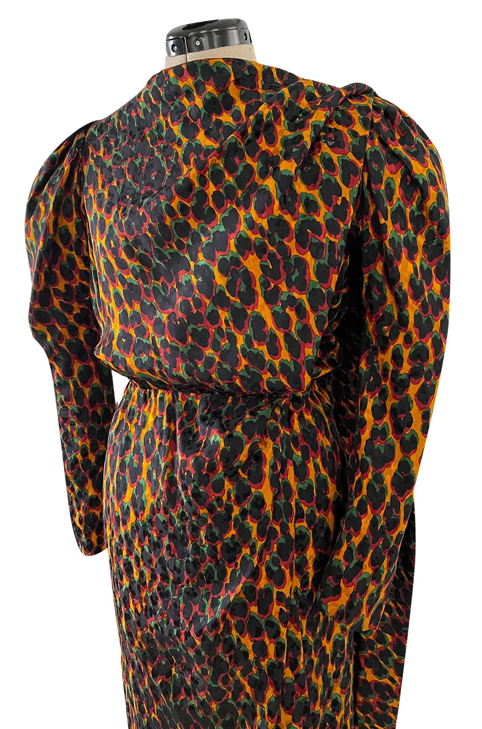 Iconic Fall 1982 Ady Couture Lausanne for Yves Saint Laurent Silk Leopard Print Dress w Draped Panel