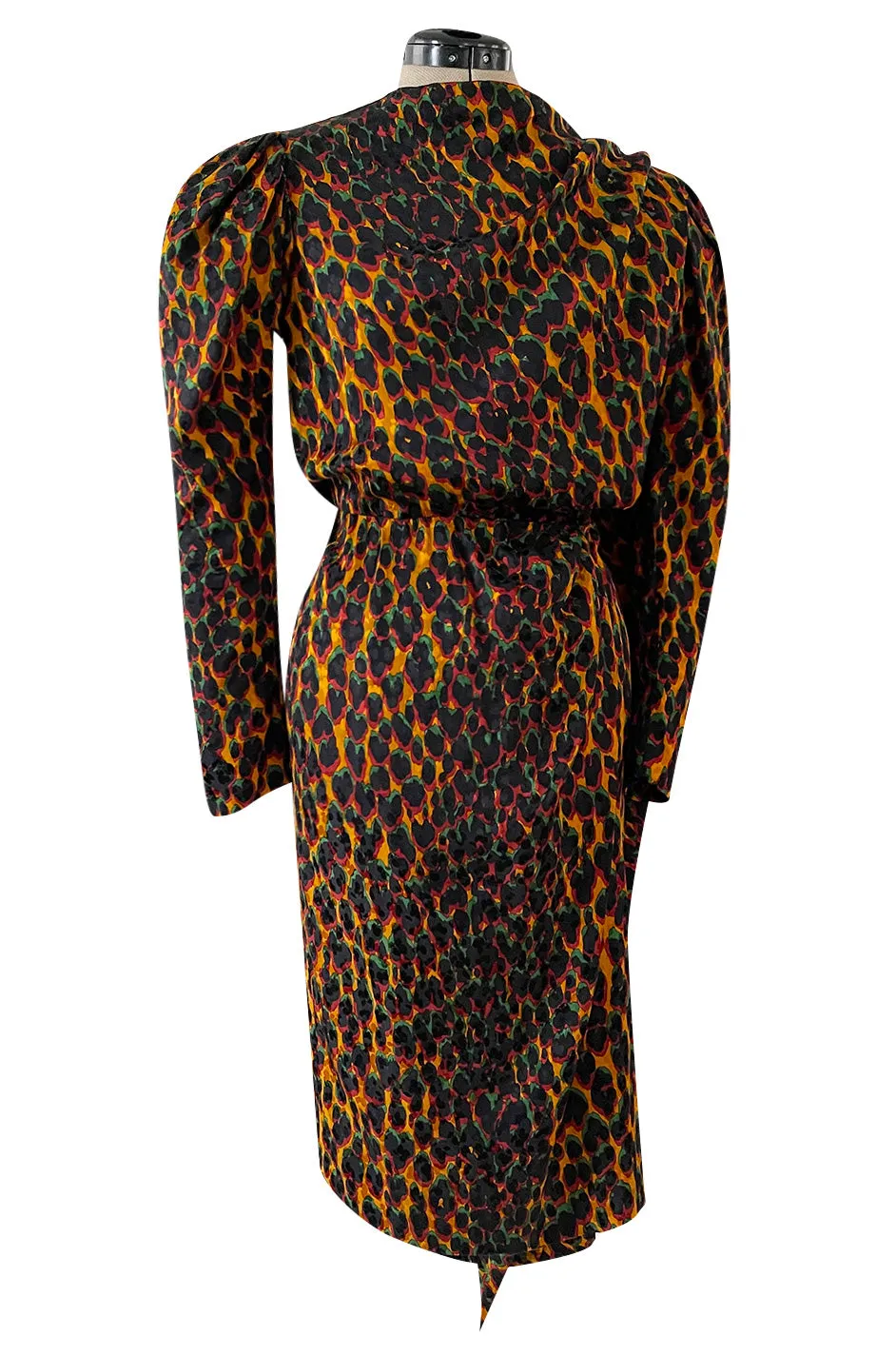 Iconic Fall 1982 Ady Couture Lausanne for Yves Saint Laurent Silk Leopard Print Dress w Draped Panel