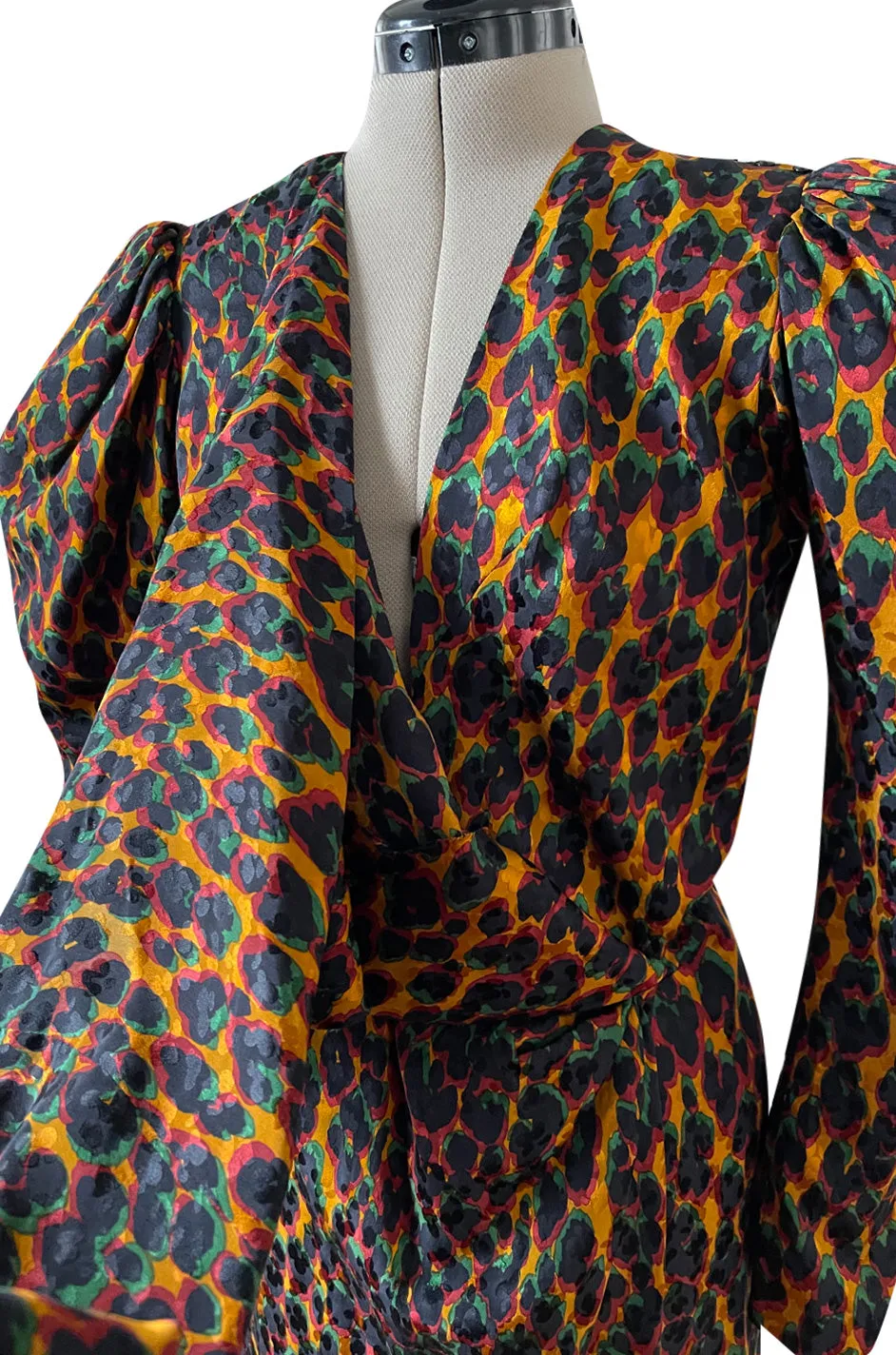 Iconic Fall 1982 Ady Couture Lausanne for Yves Saint Laurent Silk Leopard Print Dress w Draped Panel