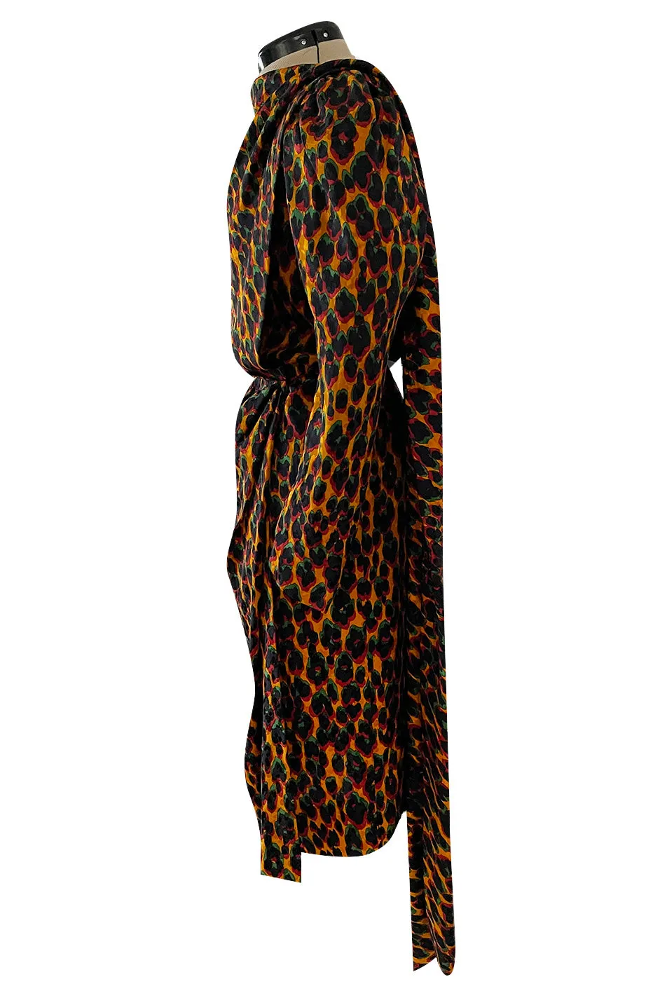 Iconic Fall 1982 Ady Couture Lausanne for Yves Saint Laurent Silk Leopard Print Dress w Draped Panel