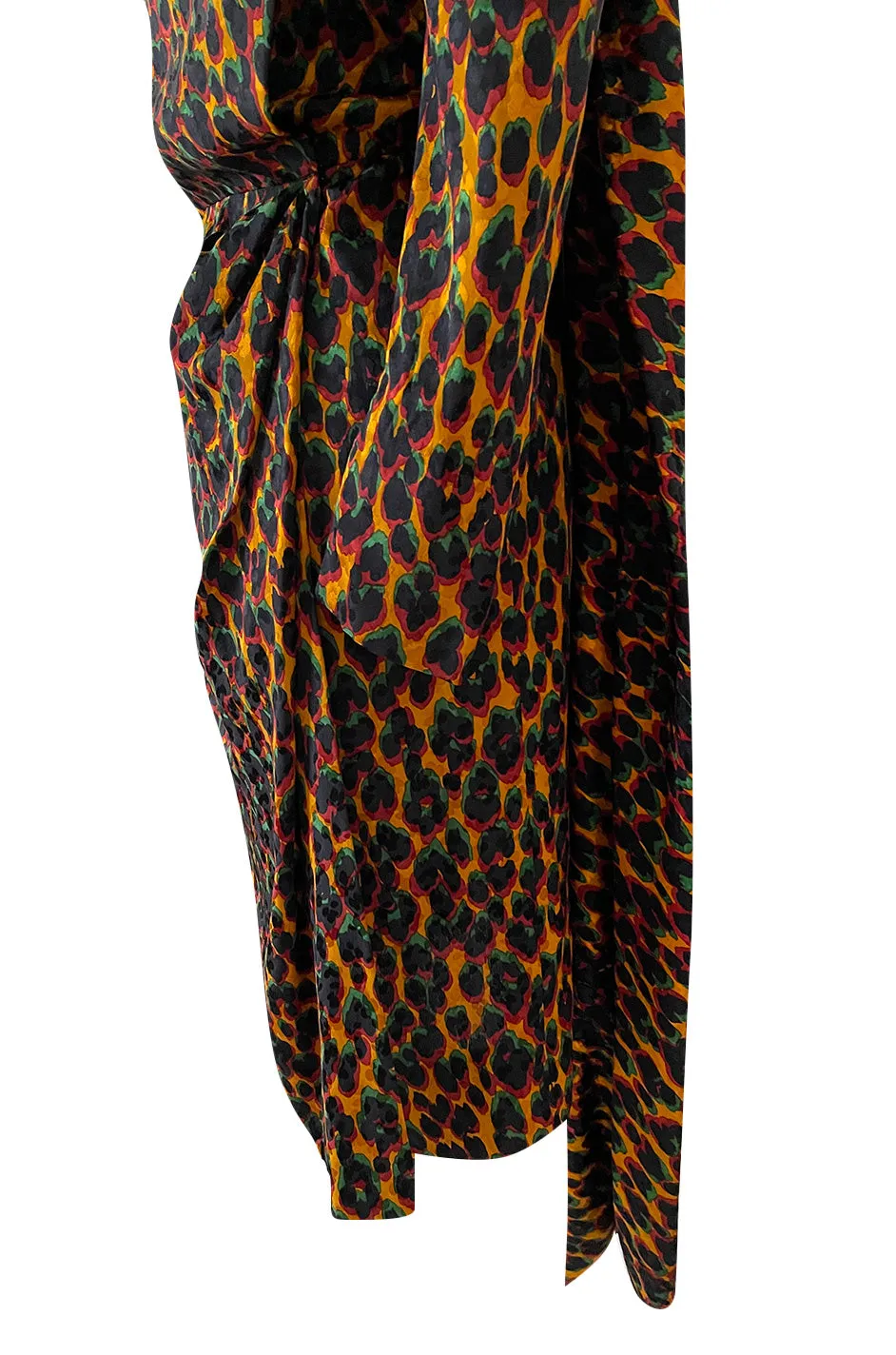 Iconic Fall 1982 Ady Couture Lausanne for Yves Saint Laurent Silk Leopard Print Dress w Draped Panel