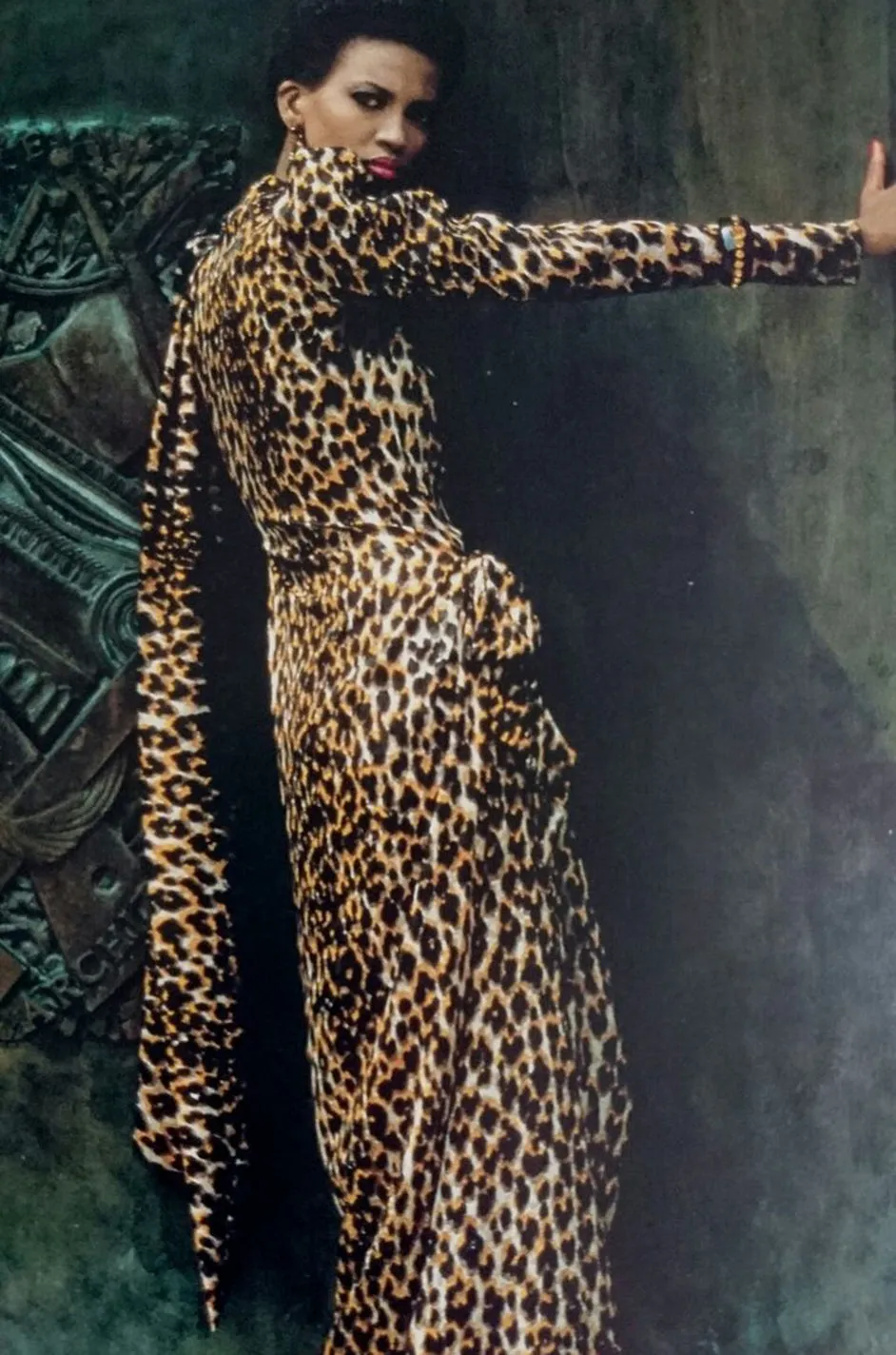 Iconic Fall 1982 Ady Couture Lausanne for Yves Saint Laurent Silk Leopard Print Dress w Draped Panel