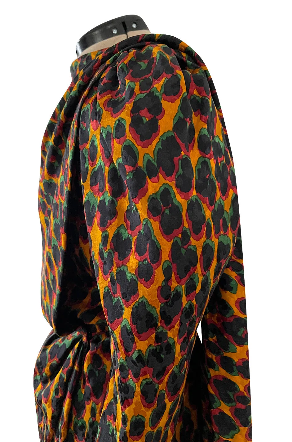 Iconic Fall 1982 Ady Couture Lausanne for Yves Saint Laurent Silk Leopard Print Dress w Draped Panel