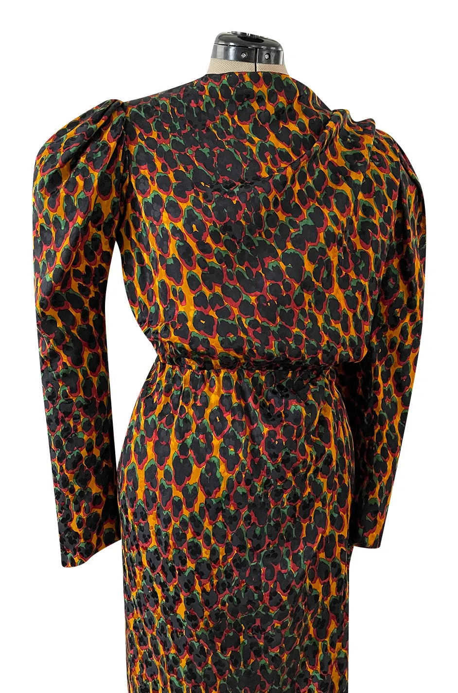 Iconic Fall 1982 Ady Couture Lausanne for Yves Saint Laurent Silk Leopard Print Dress w Draped Panel