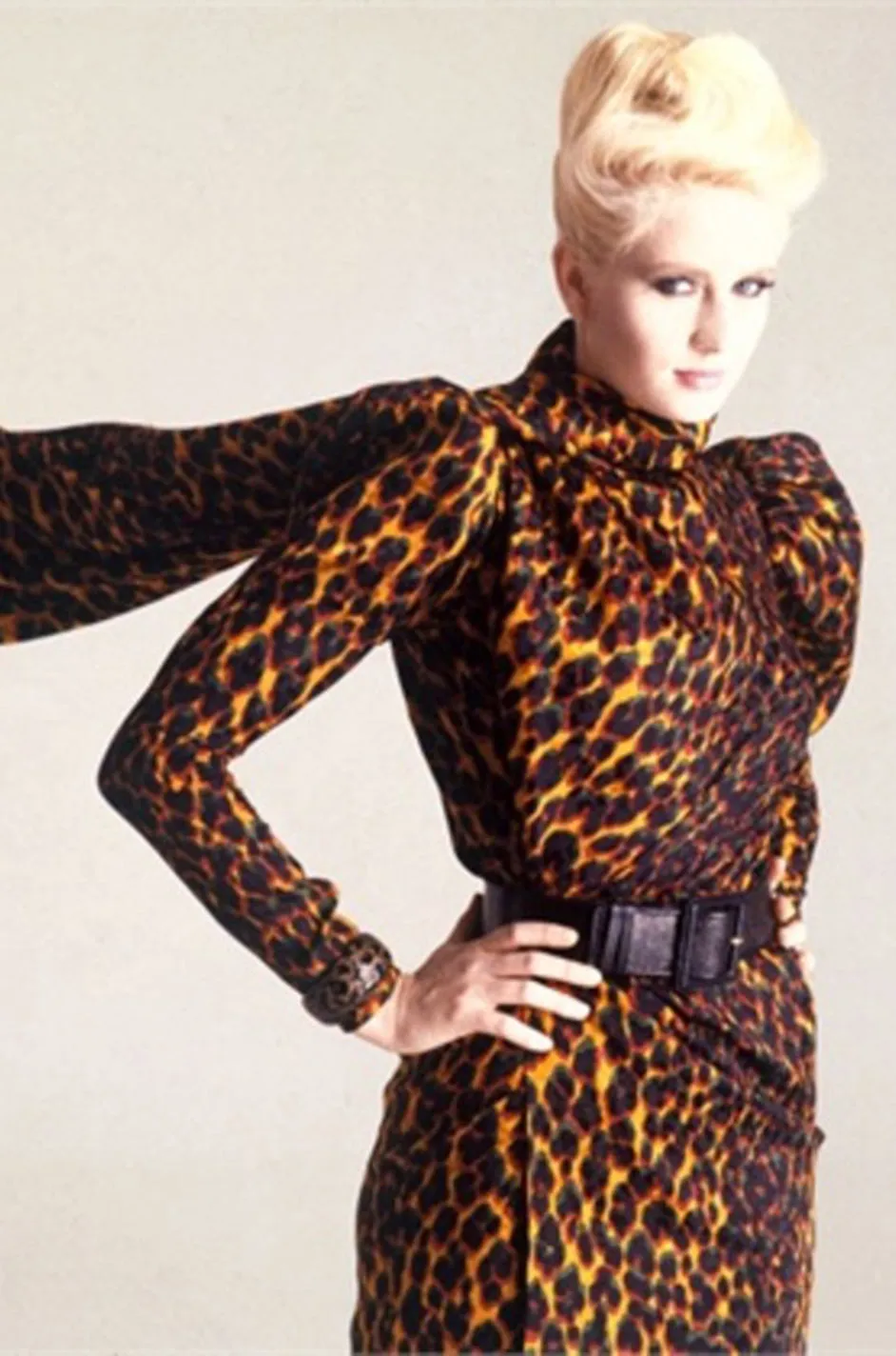 Iconic Fall 1982 Ady Couture Lausanne for Yves Saint Laurent Silk Leopard Print Dress w Draped Panel