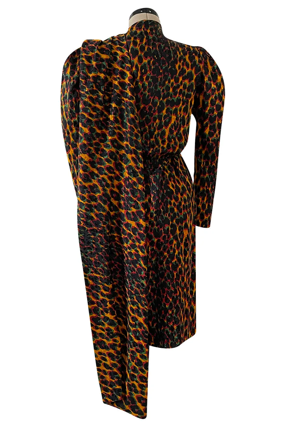 Iconic Fall 1982 Ady Couture Lausanne for Yves Saint Laurent Silk Leopard Print Dress w Draped Panel