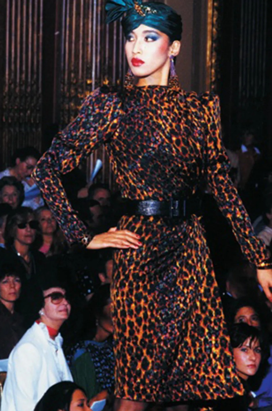 Iconic Fall 1982 Ady Couture Lausanne for Yves Saint Laurent Silk Leopard Print Dress w Draped Panel