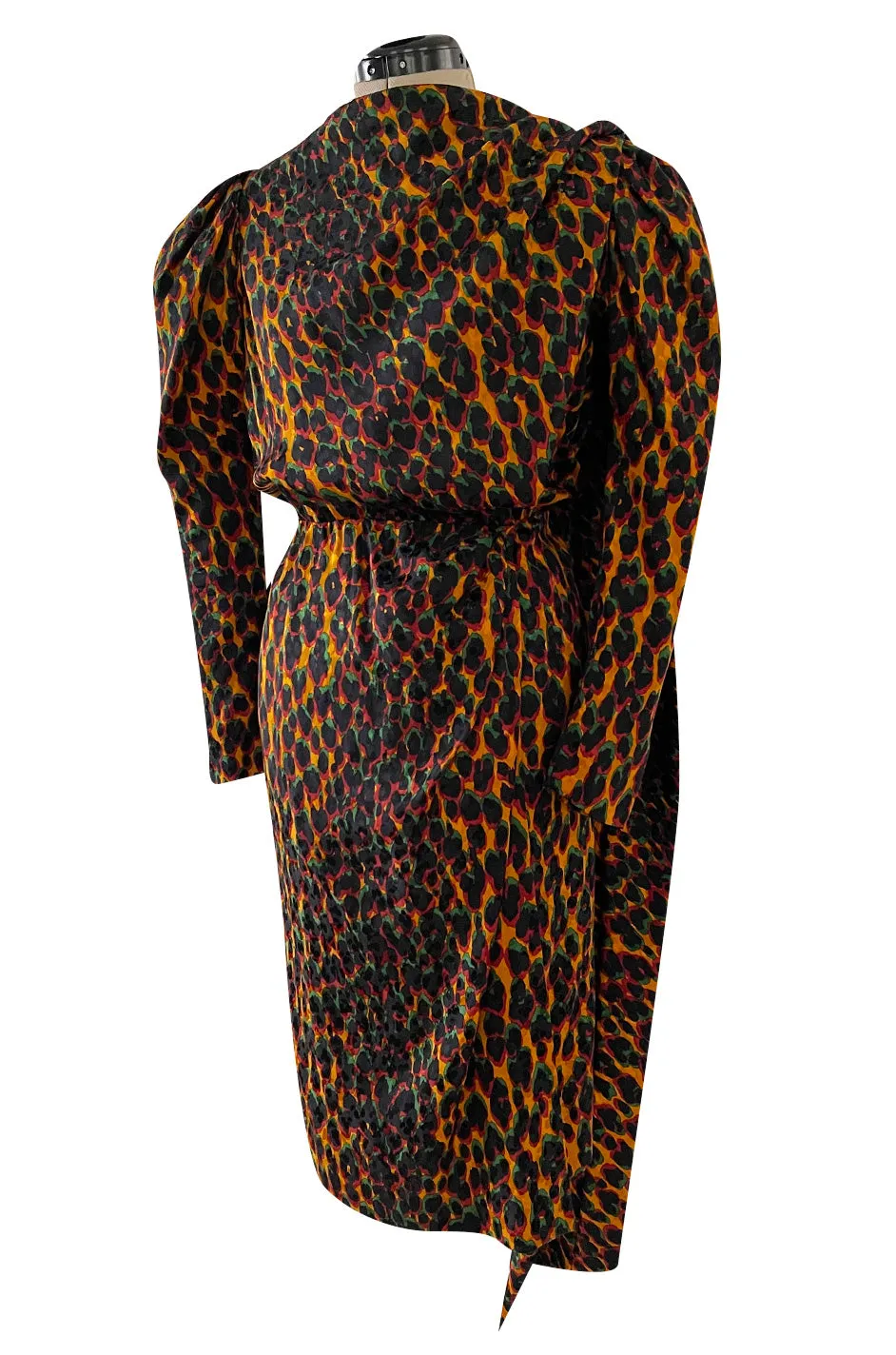 Iconic Fall 1982 Ady Couture Lausanne for Yves Saint Laurent Silk Leopard Print Dress w Draped Panel