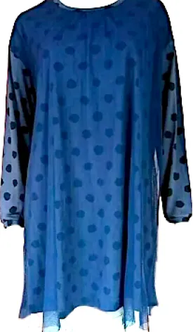 Issey Miyake Japan. "Ne-Net" Line New. Dark Navy Polka Dot Chiffon/Knit Dress