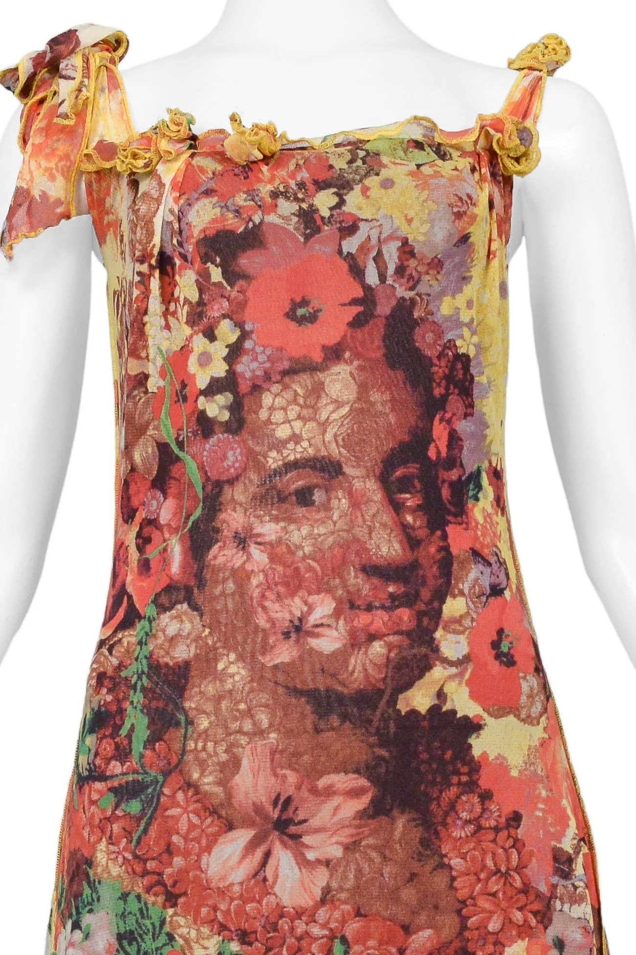 JEAN PAUL GAULTIER FLORAL PRINT MESH DRESS WITH PORTRAIT