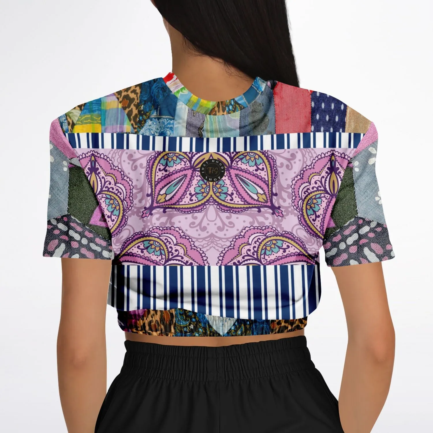 Juxtapose Patchwork Quilt Short Sleeve Cropped Eco-Poly Sweater