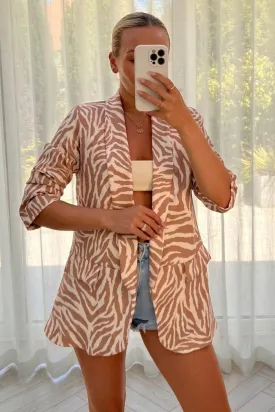 Kiaya Beige & cream zebra print ruched sleeve blazer