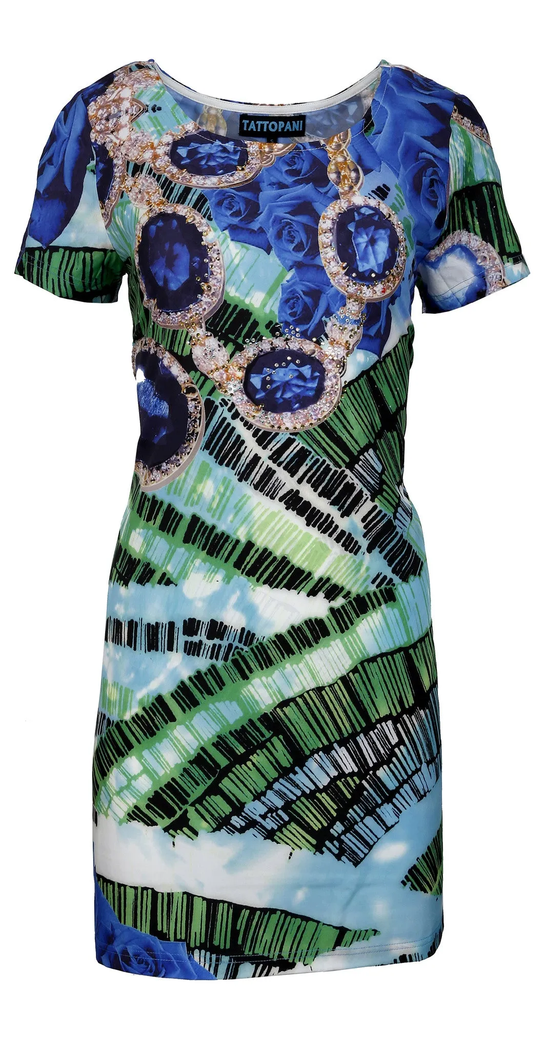 ladies-short-sleeve-dress-with-multicolor-pattern-print-rhinestones-1