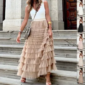 Layered Ruffles Cake Skirt Summer Fashion Line Swing Mesh Long Skirt Party Dress Women