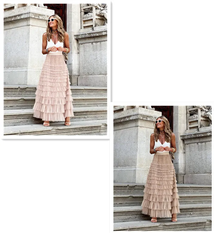 Layered Ruffles Cake Skirt Summer Fashion Line Swing Mesh Long Skirt Party Dress Women