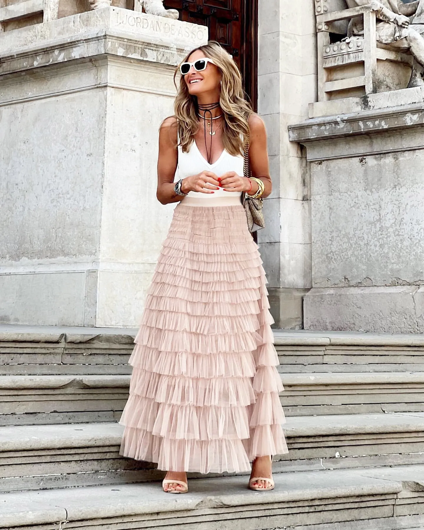 Layered Ruffles Cake Skirt Summer Fashion Line Swing Mesh Long Skirt Party Dress Women