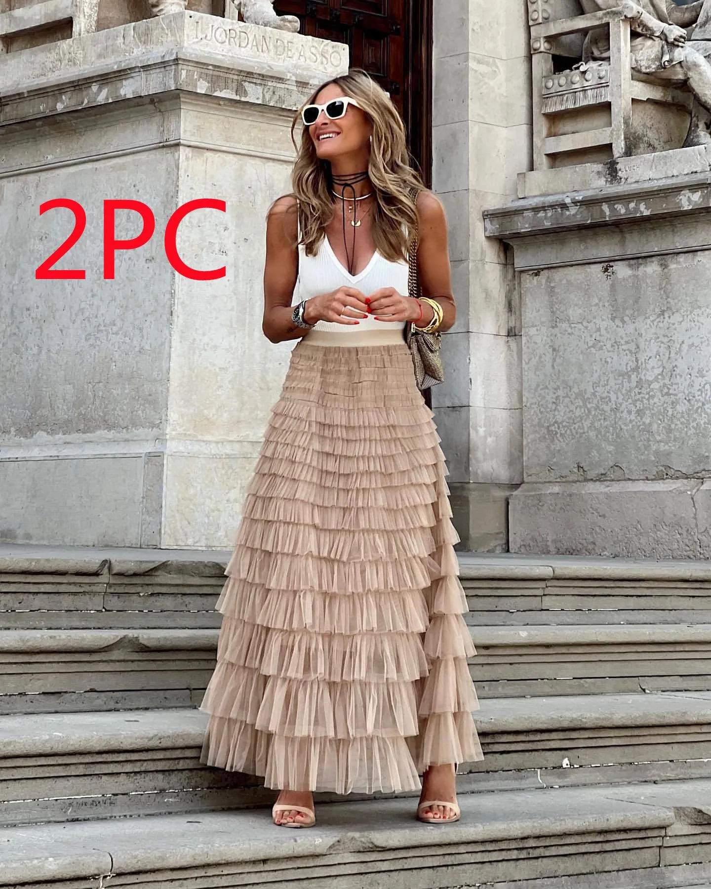 Layered Ruffles Cake Skirt Summer Fashion Line Swing Mesh Long Skirt Party Dress Women