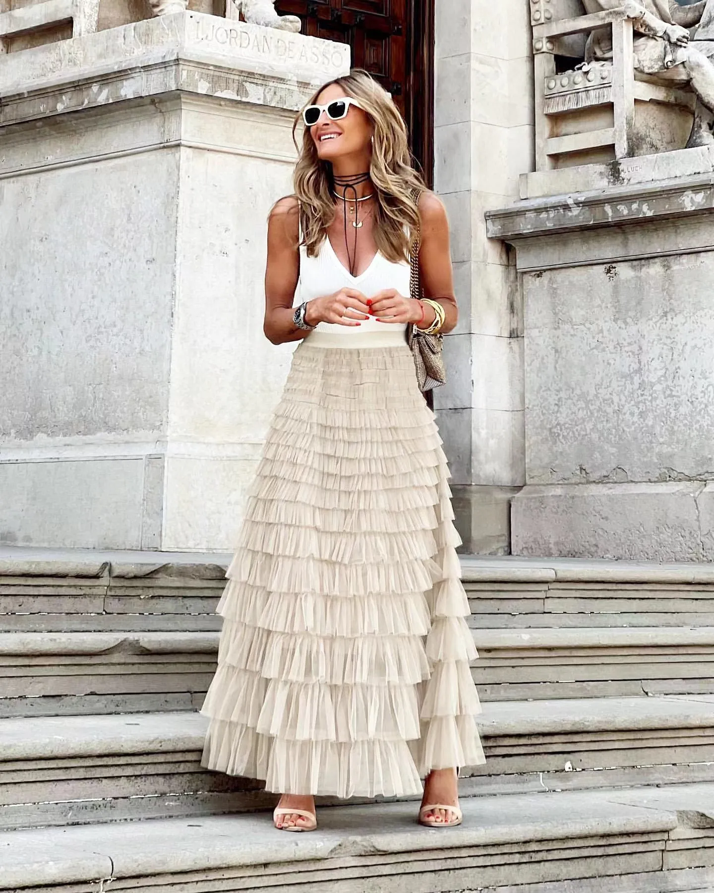 Layered Ruffles Cake Skirt Summer Fashion Line Swing Mesh Long Skirt Party Dress Women