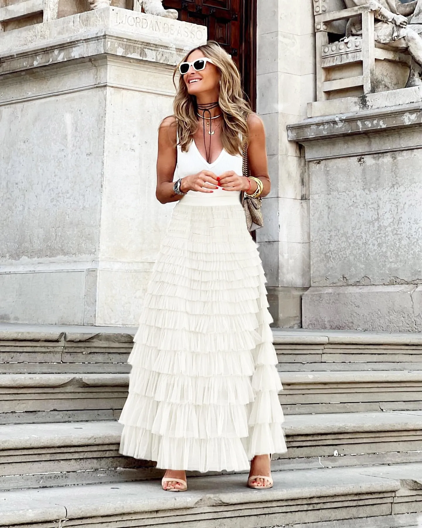 Layered Ruffles Cake Skirt Summer Fashion Line Swing Mesh Long Skirt Party Dress Women