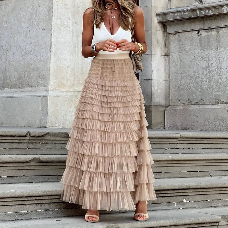 Layered Ruffles Cake Skirt Summer Fashion Line Swing Mesh Long Skirt Party Dress Women