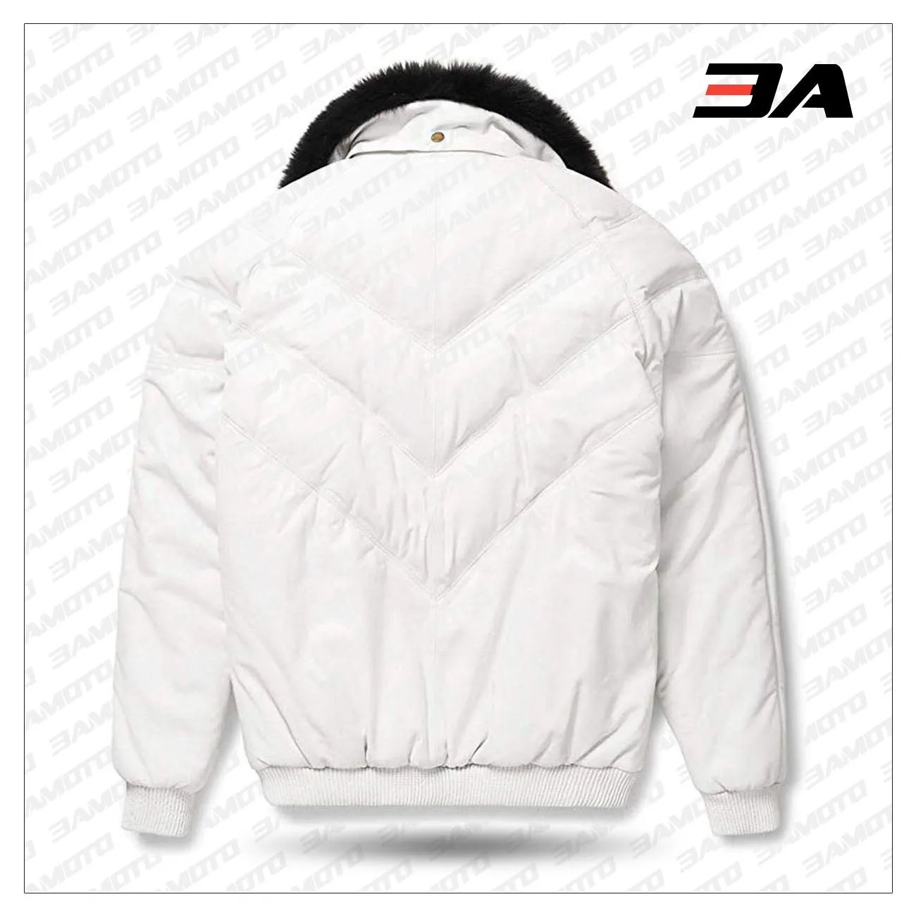 Leather V-Bomber Jacket White with Black Fox Fur