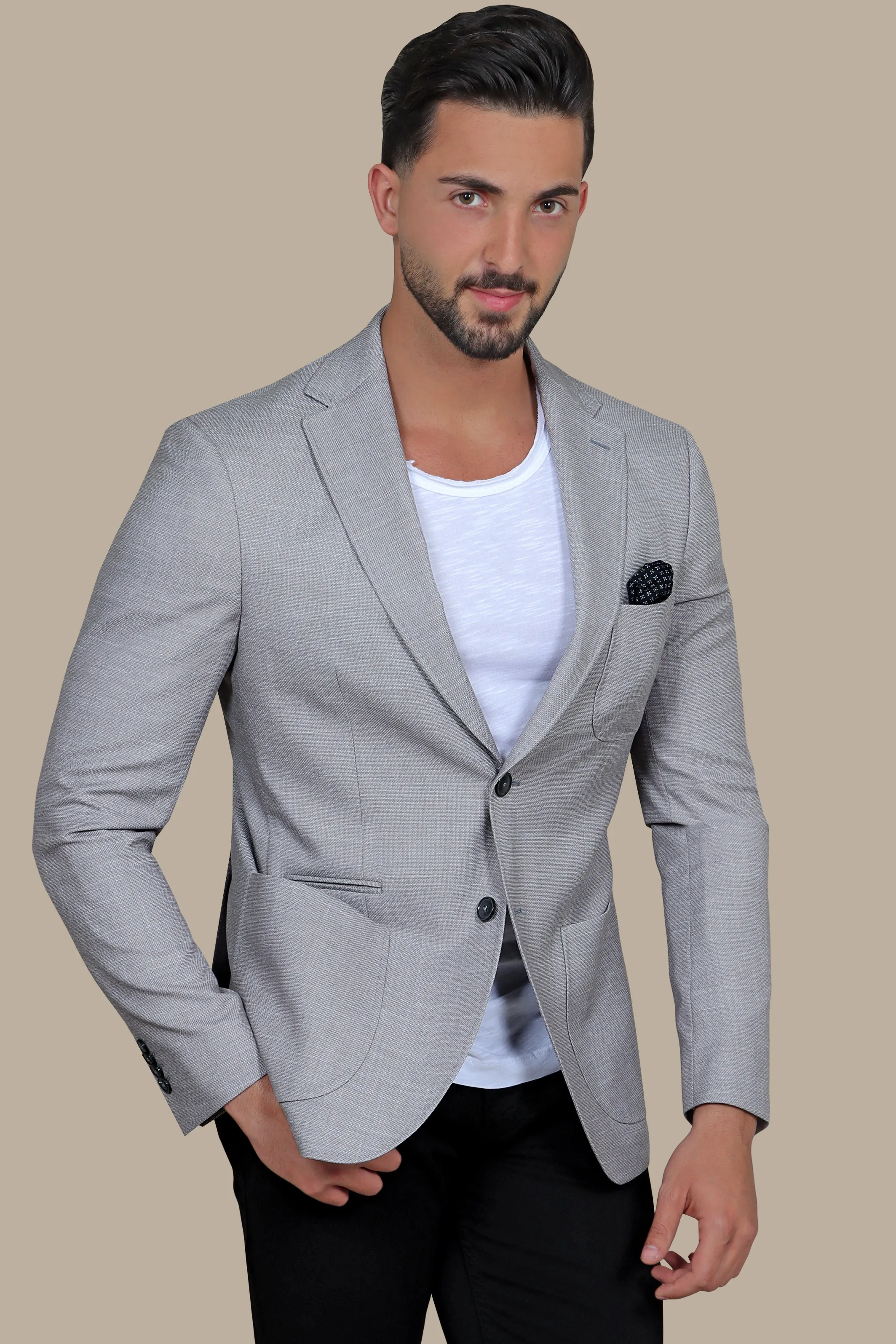 Light Grey Slim Fit Blazer with Up & Down Notch Patch